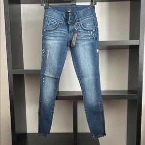 bebe Dark Blue Skinny Jeans with Zipper Detail